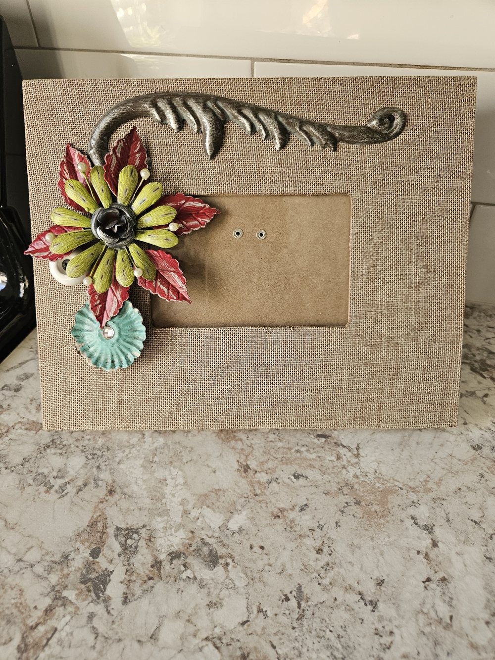 Floral Burlap Photo Frame with Multicolor Metal Accents